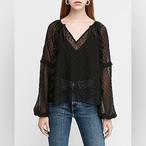 Express Black Sheer Ruffled Clip Dot Top Small